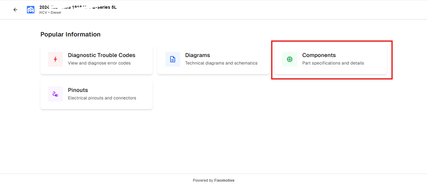 Fixomotive vehicle menu listing Components, DTC, Pinouts, Diagrams