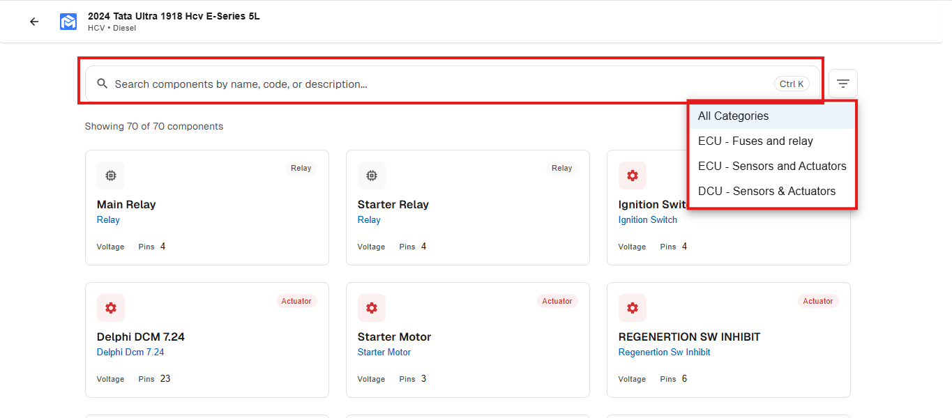 Fixomotive components list with search and category filters