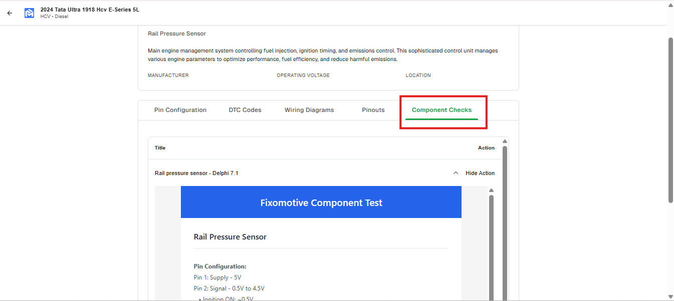Component testing instructions and diagnostic procedures section