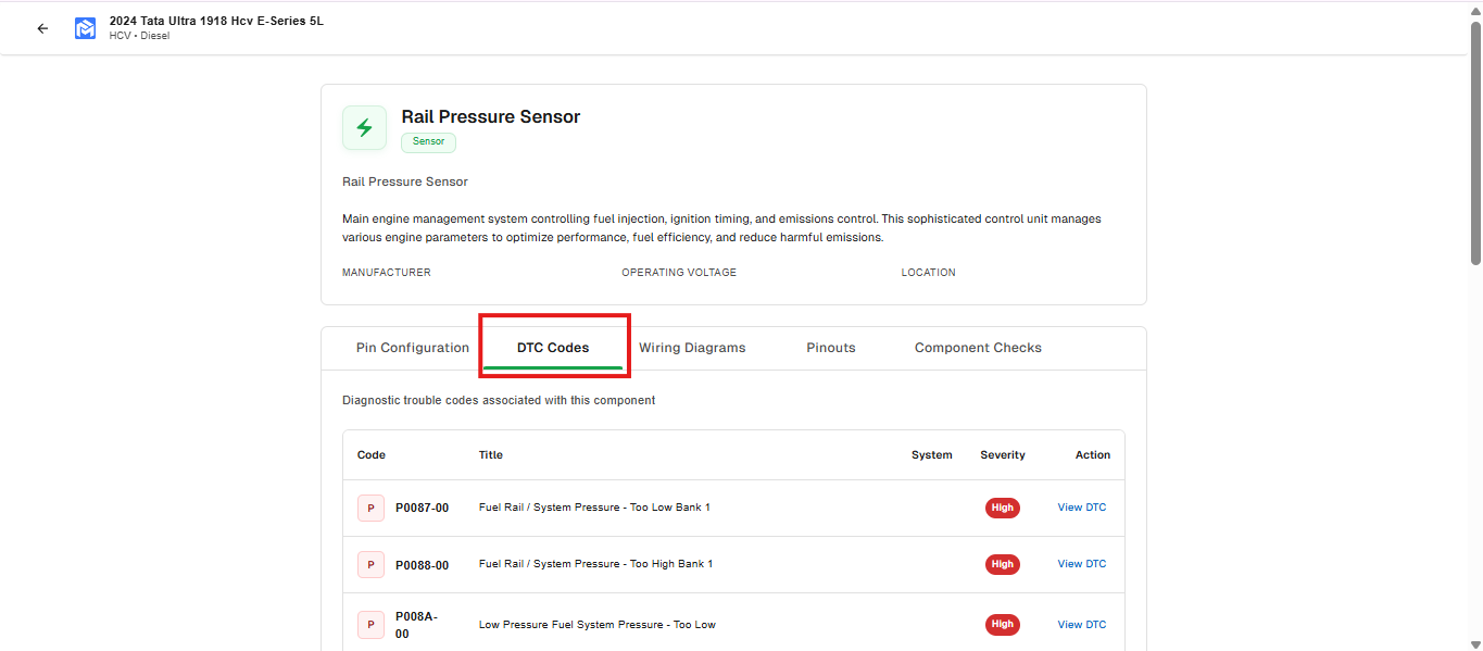 DTC codes related to selected component with severity and action button