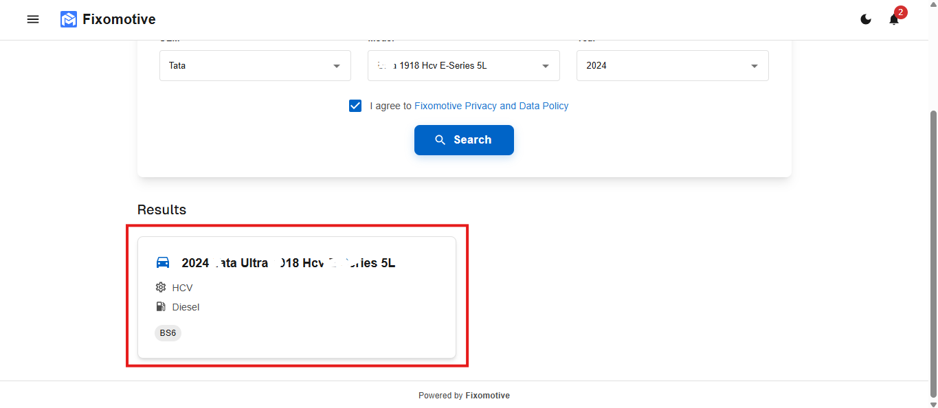 Fixomotive search result showing selected vehicle