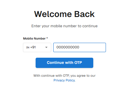 Fixomotive login screen showing mobile number field and Continue with OTP button.