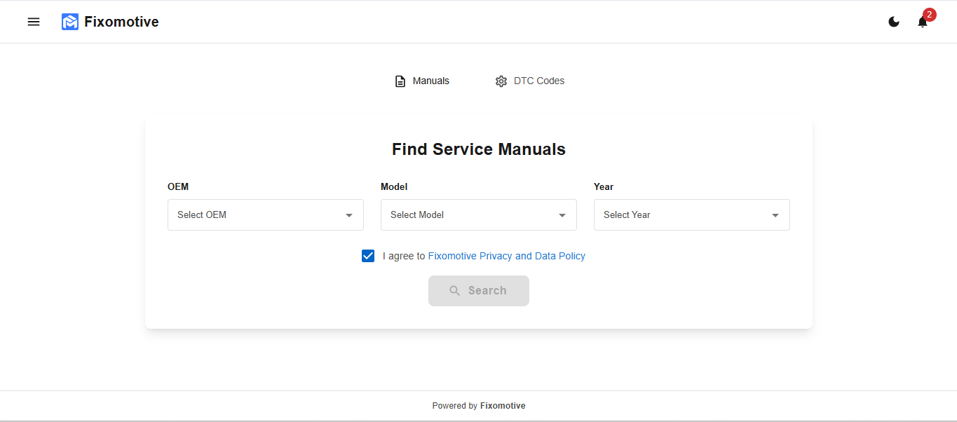 Fixomotive homepage screen showing OEM, model, and year selection for service manuals